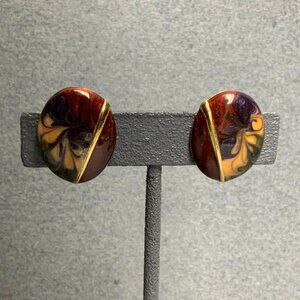 Retro Oval Clip-On Earrings 1 In Gold Brown Cream Purple Swirl Sparkle Vintage